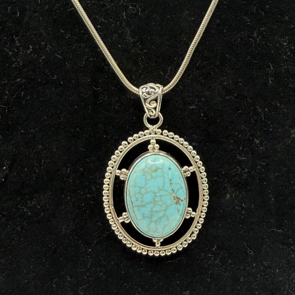 925 Sterling Turquoise Oval Pendant Necklace 22” Silver Southwestern Jewelry